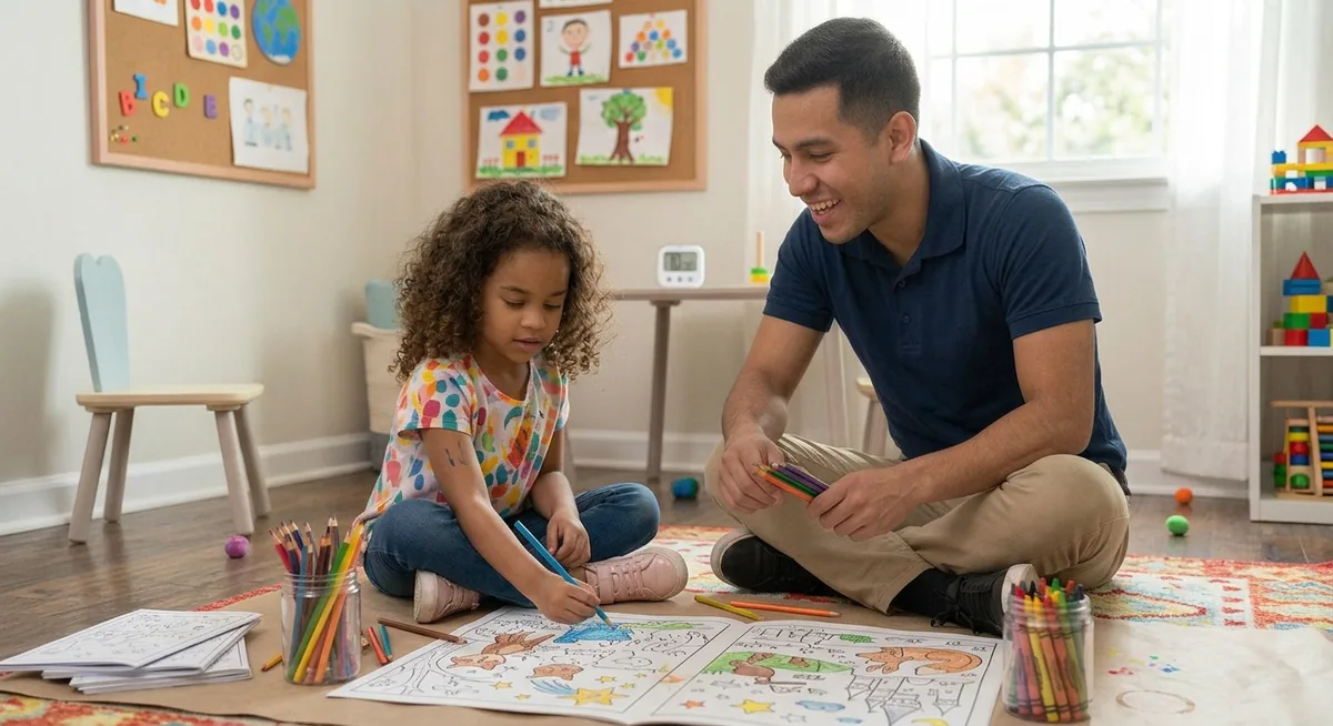 Behavior technician teaching a skill-acquisition activity with a child during a home session