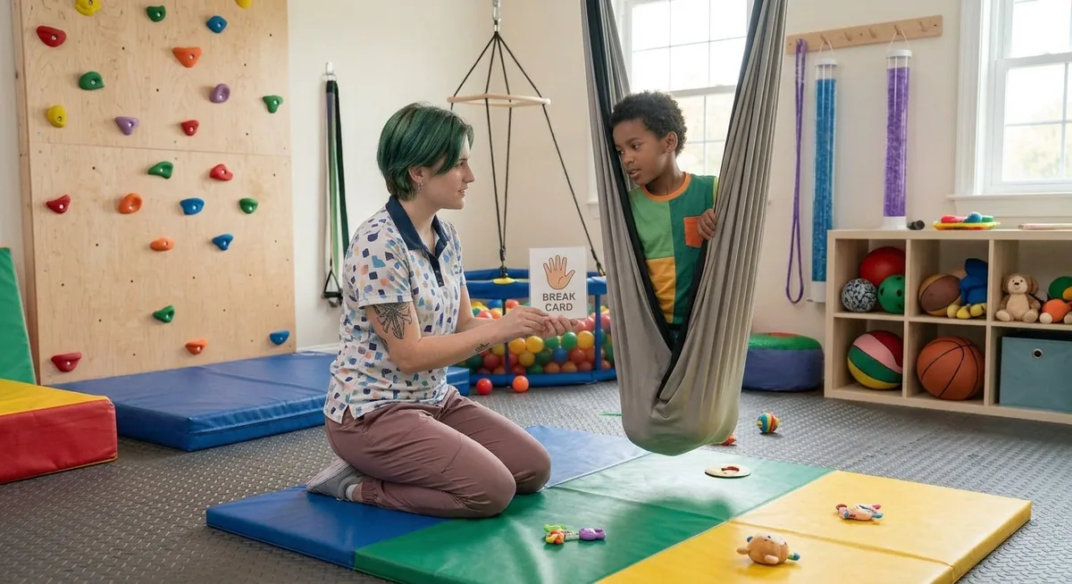 Registered behavior technician working with a child using a sensory swing and a break card during a session